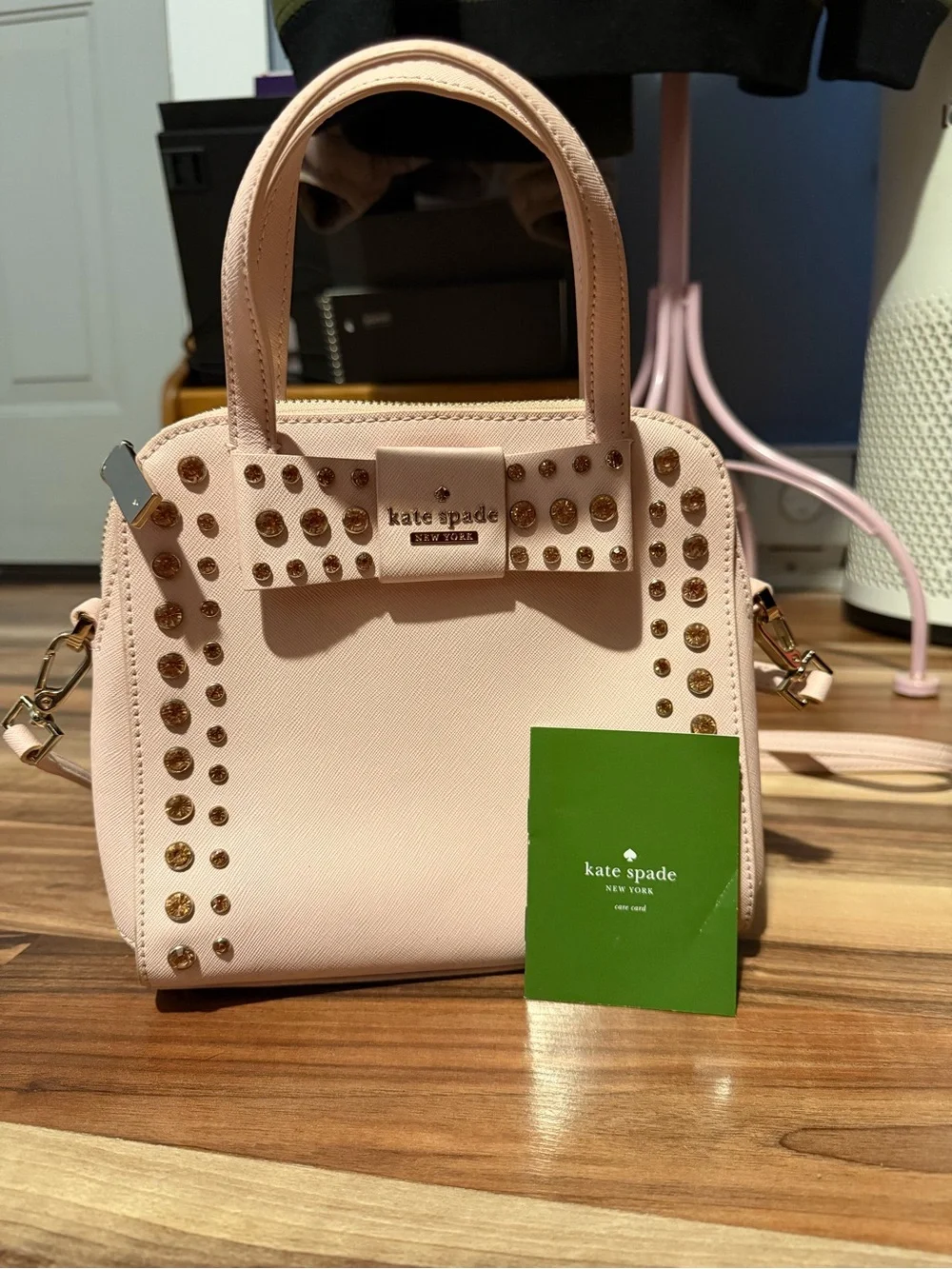 kate spade blush pink studded satchel with gold hardware
